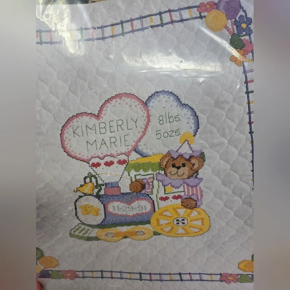 Janlynn Printed Cross Stitch Choo Choo Teddy Bear Quilt Finished Size 35x43